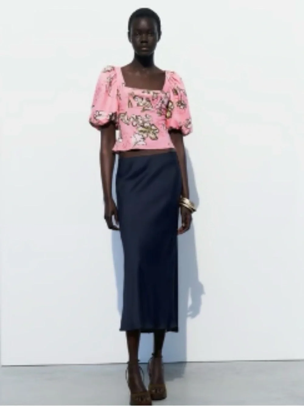 Zara Pink Floral Square-Neck Puff Sleeve Linen-blend Blouse M NWT
